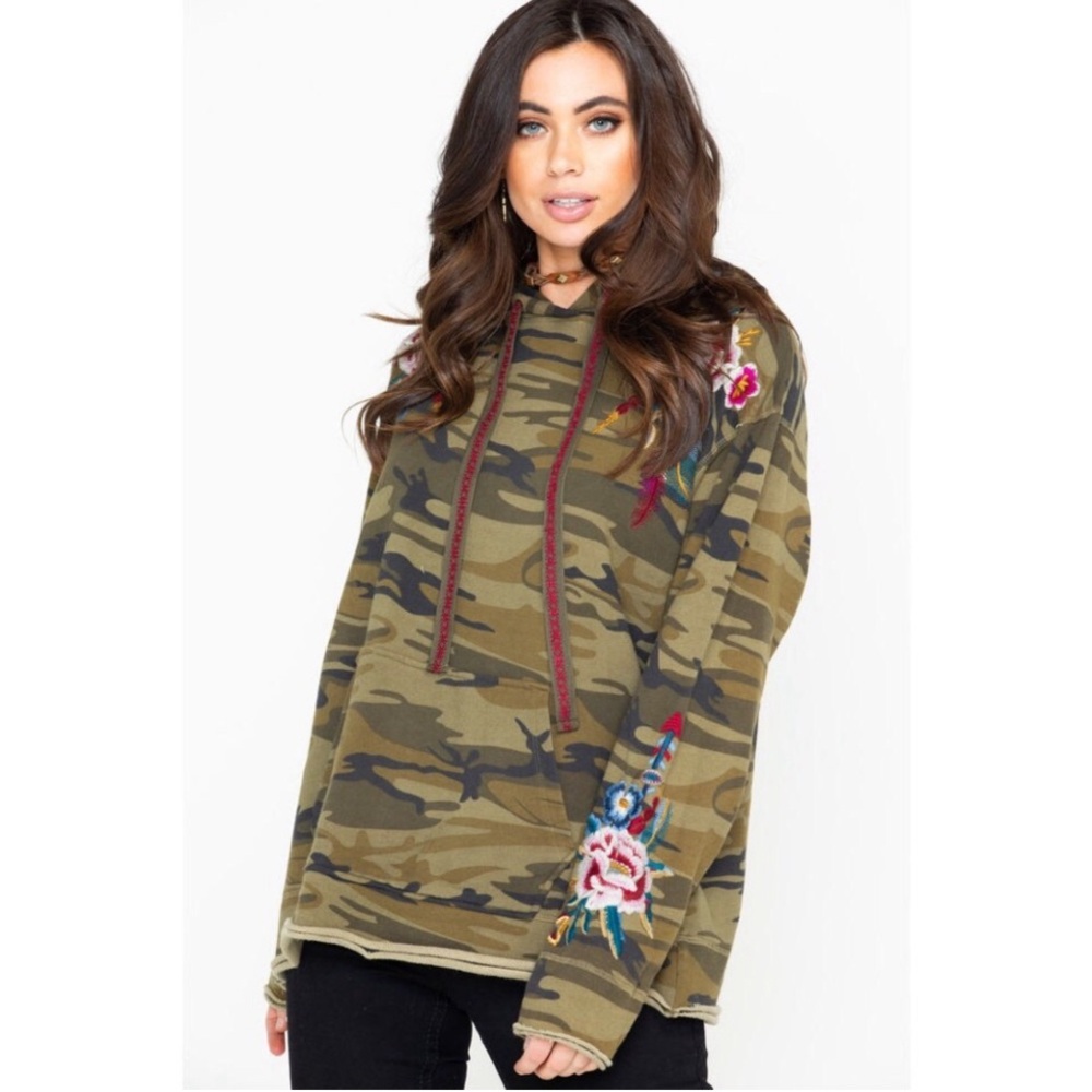 New Johnny Was Darielle Floral Embroidered Camo Hoodie Sweatshirt Sz S